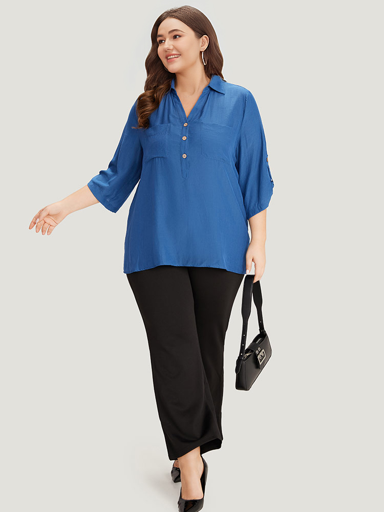 Plus Size Women Dailywear Plain Button Regular Sleeve Elbow-length sleeve V-neck Office Blouses BloomChic 