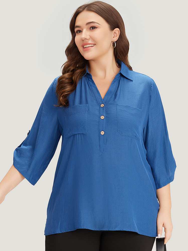 Plus Size Women Dailywear Plain Button Regular Sleeve Elbow-length sleeve V-neck Office Blouses BloomChic 
