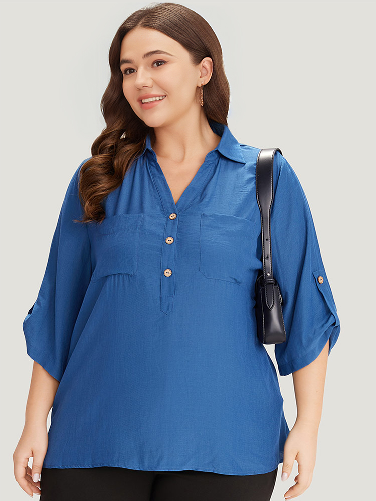 

Plus Size Aegean Supersoft Essentials Solid Button Up Pocket Shirt Collar Blouse Women Office Elbow-length sleeve V-neck Dailywear Blouses BloomChic