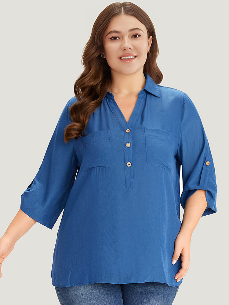 Plus Size Women Dailywear Plain Button Regular Sleeve Elbow-length sleeve V-neck Office Blouses BloomChic 