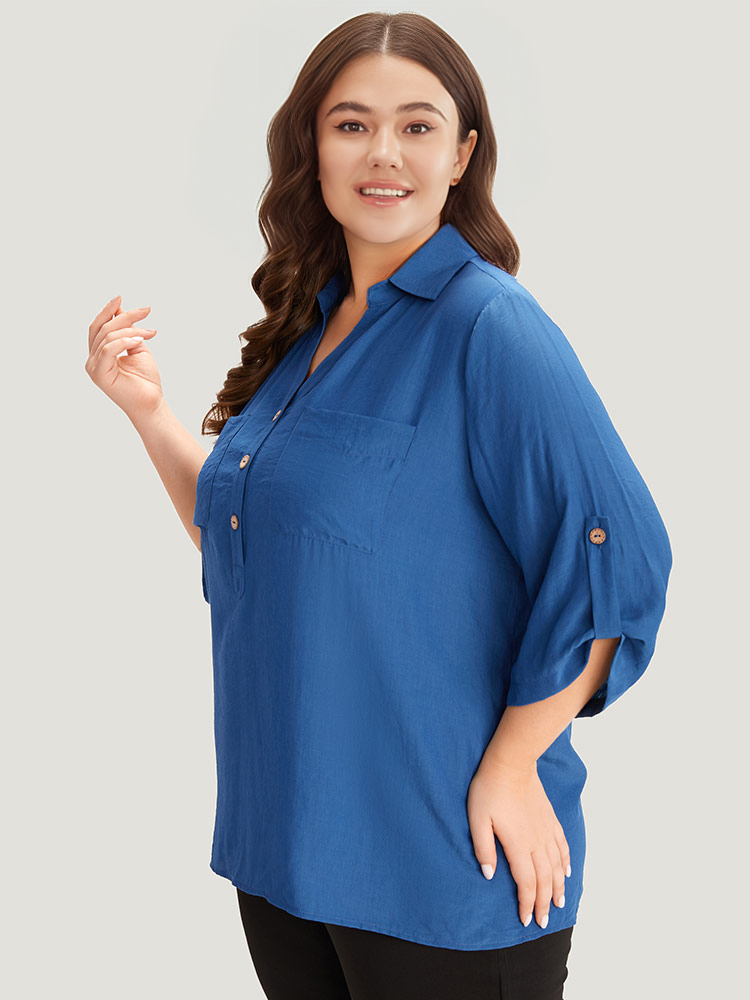 Plus Size Women Dailywear Plain Button Regular Sleeve Elbow-length sleeve V-neck Office Blouses BloomChic 