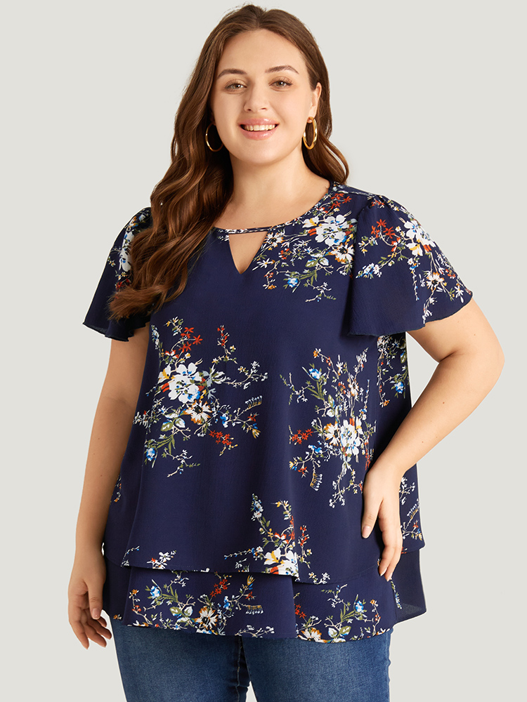 Plus Size Indigo Floral Print Keyhole Flutter Sleeve Blouse Women Elegant Short sleeve Keyhole Cut-Out Dailywear Blouses BloomChic 30/6X 