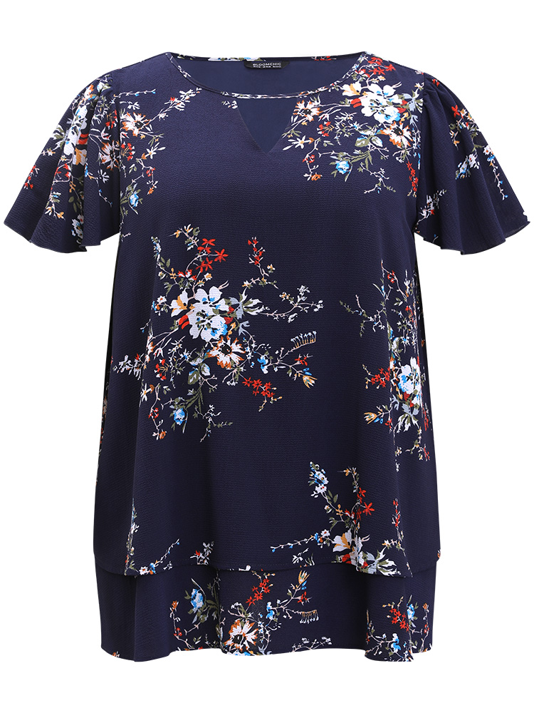 Plus Size Indigo Floral Print Keyhole Flutter Sleeve Blouse Women Elegant Short sleeve Keyhole Cut-Out Dailywear Blouses BloomChic 30/6X 