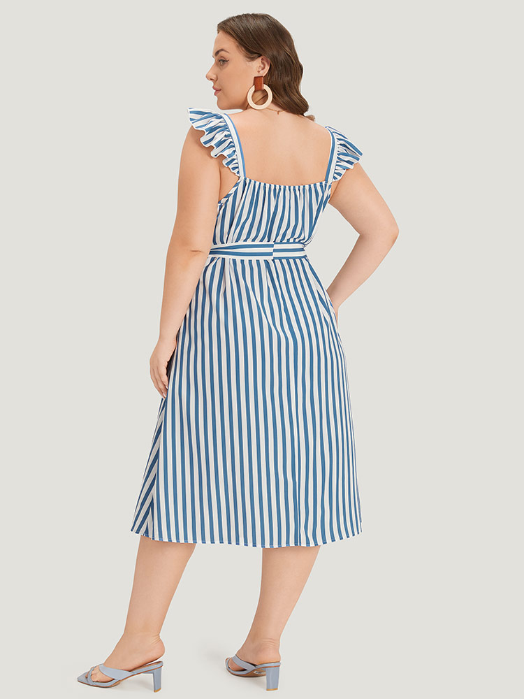 

Plus Size Striped Ruffle Trim Button Detail Belted Dress Blue Women Elegant Belted V-neck Cap Sleeve Curvy Midi Dress BloomChic