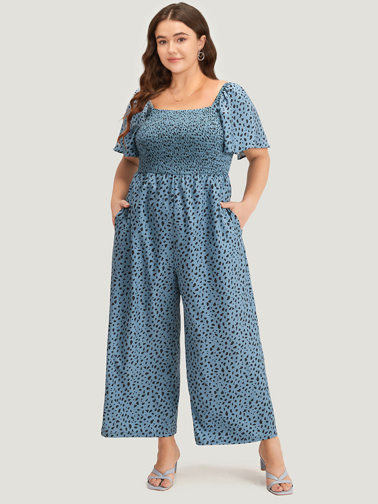 

Plus Size DarkBlue Leopard Print Square Neck Shirred Flutter Sleeve Jumpsuit Women Elegant Short sleeve Square Neck Dailywear Loose Jumpsuits BloomChic