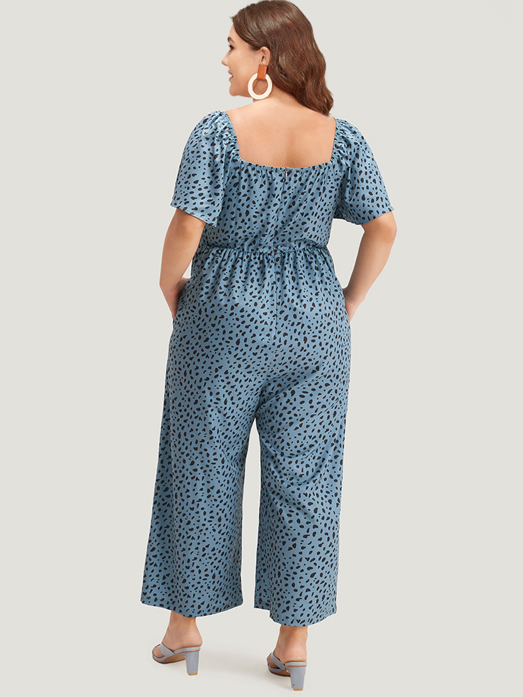 Plus Size DarkBlue Leopard Print Square Neck Shirred Flutter Sleeve Jumpsuit Women Elegant Short sleeve Square Neck Dailywear Loose Jumpsuits BloomChic 22-24/3X 