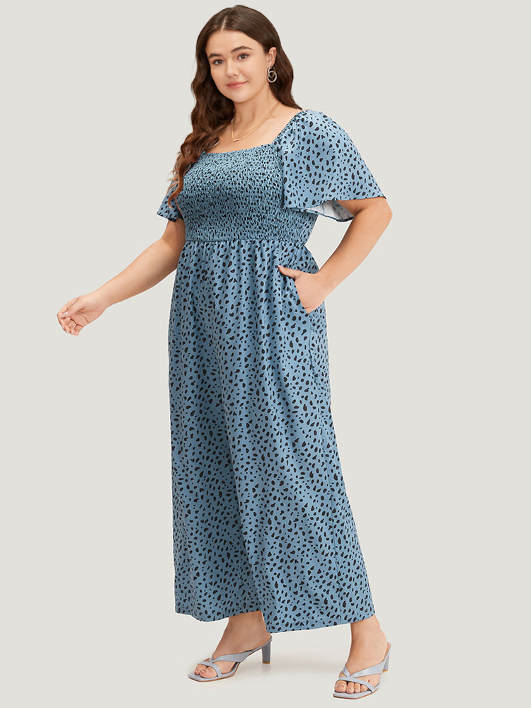 Plus Size DarkBlue Leopard Print Square Neck Shirred Flutter Sleeve Jumpsuit Women Elegant Short sleeve Square Neck Dailywear Loose Jumpsuits BloomChic 22-24/3X 