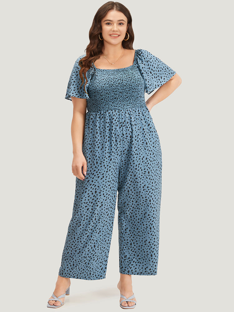 Plus Size DarkBlue Leopard Print Square Neck Shirred Flutter Sleeve Jumpsuit Women Elegant Short sleeve Square Neck Dailywear Loose Jumpsuits BloomChic 22-24/3X 
