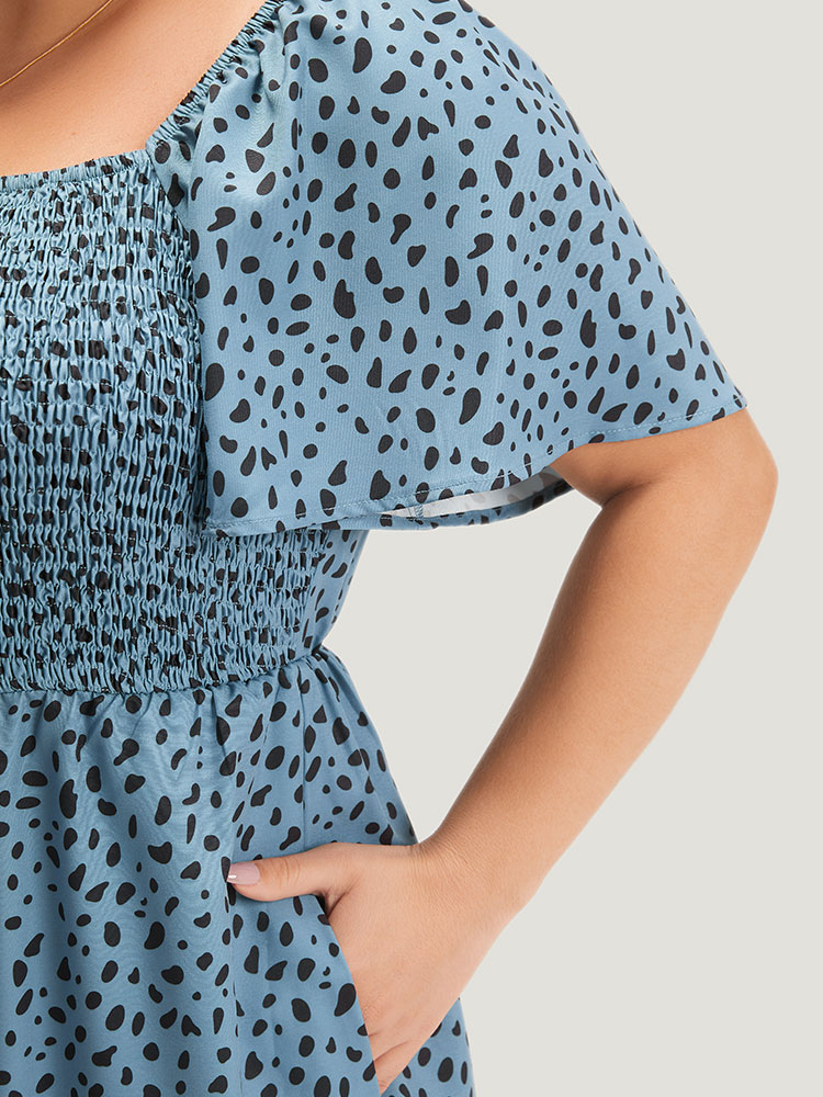 Plus Size DarkBlue Leopard Print Square Neck Shirred Flutter Sleeve Jumpsuit Women Elegant Short sleeve Square Neck Dailywear Loose Jumpsuits BloomChic 22-24/3X 