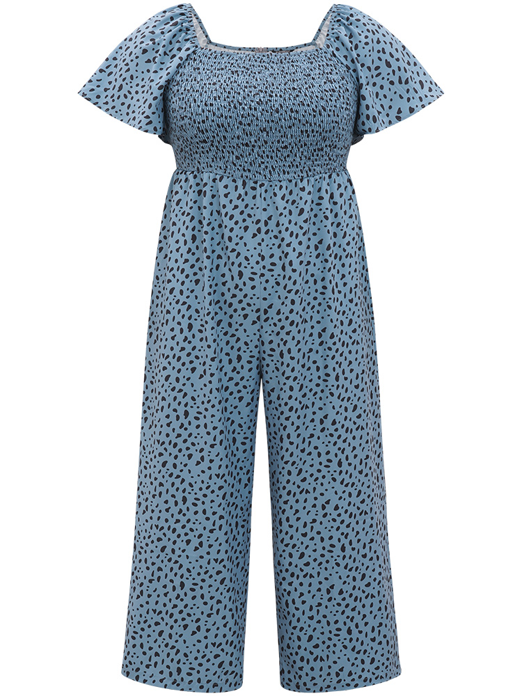 Plus Size DarkBlue Leopard Print Square Neck Shirred Flutter Sleeve Jumpsuit Women Elegant Short sleeve Square Neck Dailywear Loose Jumpsuits BloomChic 22-24/3X 
