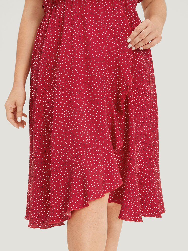 

Plus Size Polka Dot Ruffles Wrap Pocket Asymmetrical Hem Dress Raspberry Women Elegant Wrap V-neck Short sleeve Curvy Knee Dress BloomChic