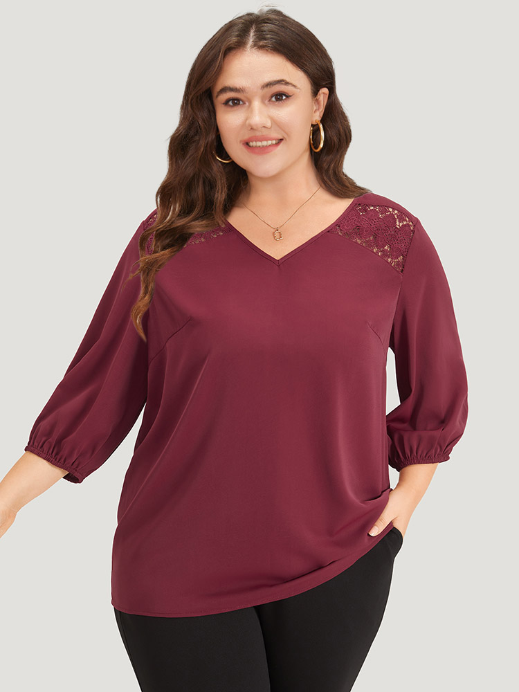 

Plus Size Burgundy Solid Contrast Lace Lantern Sleeve Blouse Women Office Elbow-length sleeve V-neck Work Blouses BloomChic