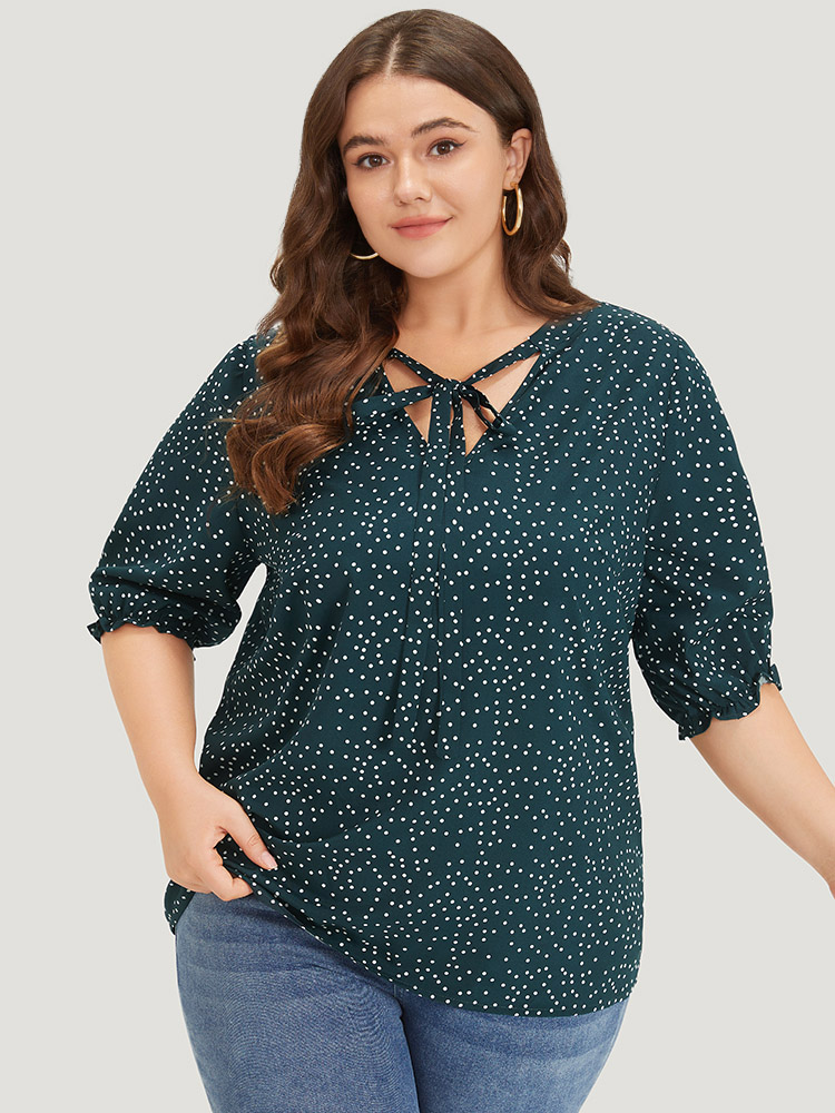 

Plus Size DarkGreen Polka Dot Knot Neck Lantern Sleeve Blouse Women Office Half Sleeve Tie Neck Work Blouses BloomChic