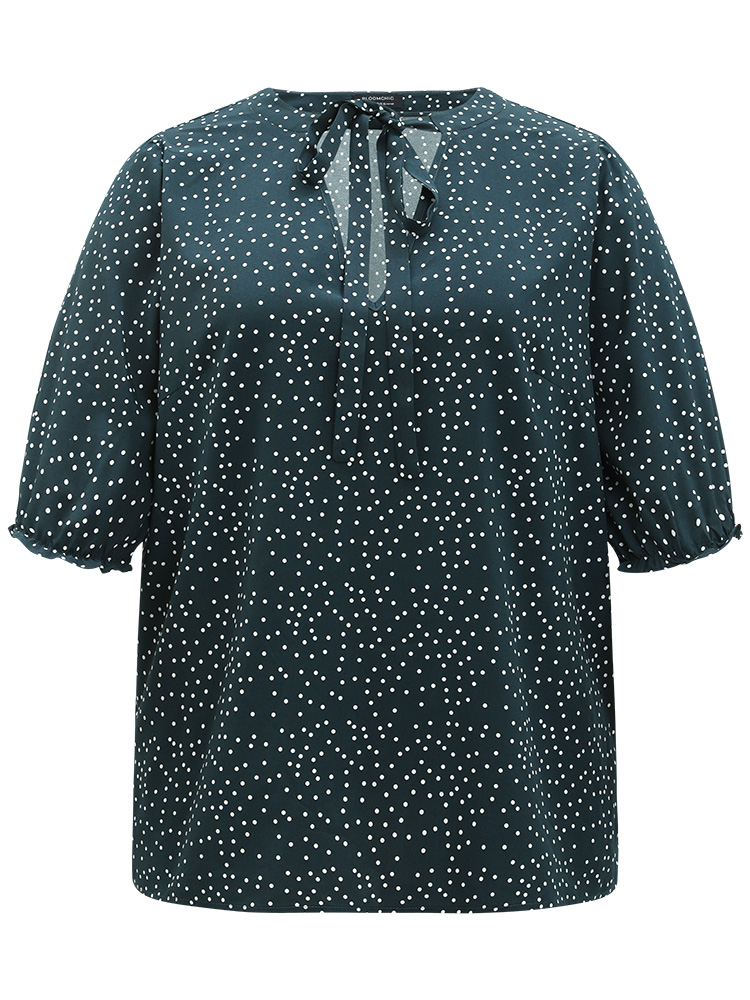 

Plus Size DarkGreen Polka Dot Knot Neck Lantern Sleeve Blouse Women Office Half Sleeve Tie Neck Work Blouses BloomChic