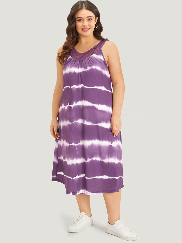 

Plus Size Tie Dye Pocket Patchwork Cut Out Tank Dress Purple Women Casual Gathered Spaghetti Strap Sleeveless Curvy Midi Dress BloomChic