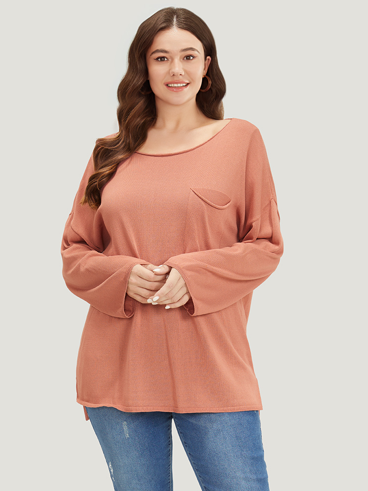 

Plus Size Solid Patched Pocket Split Side Pullover OrangeRed Women Casual Loose Long Sleeve Round Neck Everyday Pullovers BloomChic