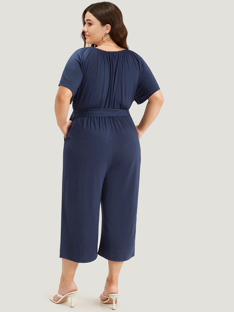 

Plus Size DarkBlue Solid Button Up V Neck Belted Gathered Flutter Sleeve Jumpsuit Women Elegant Short sleeve V-neck Dailywear Loose Jumpsuits BloomChic