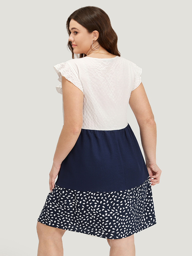 Plus Size Water Drop Print Patchwork Ruffle Cap Sleeve Pocket Dress DarkBlue Women Elegant Contrast V-neck Cap Sleeve Curvy Knee Dress BloomChic 14-16/1X 