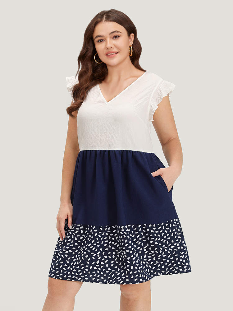 Plus Size Water Drop Print Patchwork Ruffle Cap Sleeve Pocket Dress DarkBlue Women Elegant Contrast V-neck Cap Sleeve Curvy Knee Dress BloomChic 14-16/1X 