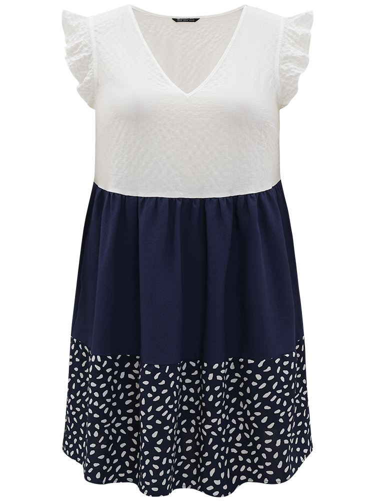 Plus Size Water Drop Print Patchwork Ruffle Cap Sleeve Pocket Dress DarkBlue Women Elegant Contrast V-neck Cap Sleeve Curvy Knee Dress BloomChic 14-16/1X 