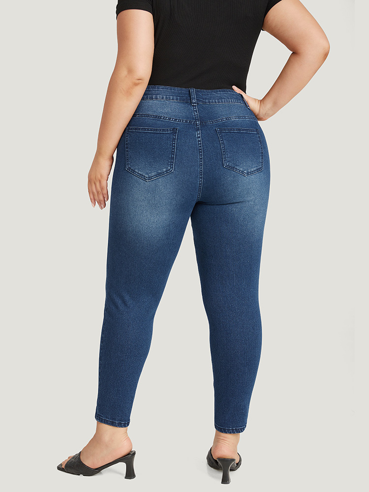 Plus Size Floral Print Very Stretchy Dark Wash Jeans Women Blue Elegant Floral Printed High stretch Pocket Jeans BloomChic 14/1X 