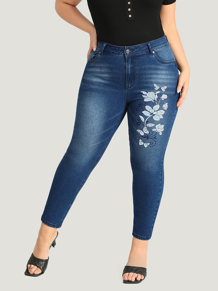 

Plus Size Floral Print Very Stretchy Dark Wash Jeans Women Blue Elegant Floral Printed High stretch Pocket Jeans BloomChic