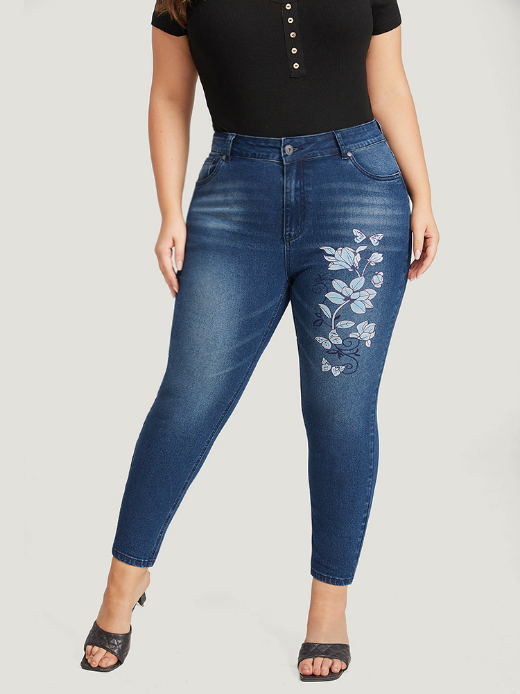 

Plus Size Floral Print Very Stretchy Dark Wash Jeans Women Blue Elegant Floral Printed High stretch Pocket Jeans BloomChic