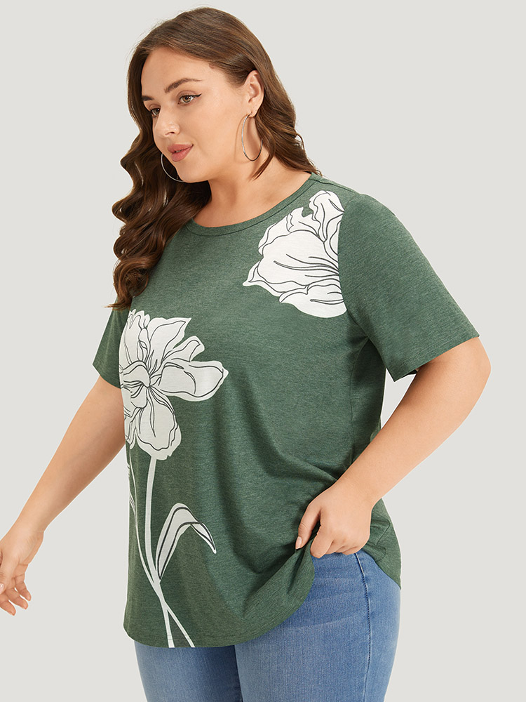 

Plus Size Plain Heather Floral Print Crew Neck T-shirt Cyan Women Casual Printed Floral Round Neck Dailywear T-shirts BloomChic