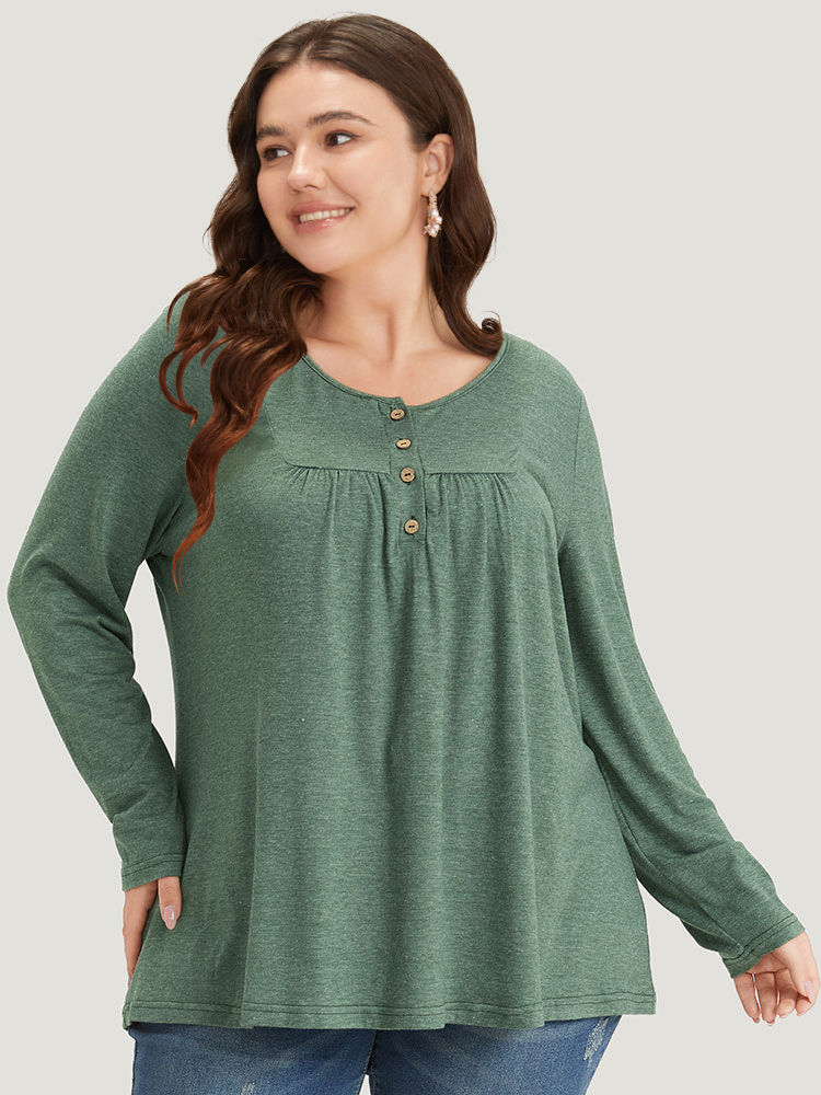 

Plus Size Solid Button Up Gathered Ruffle Hem T-shirt ArmyGreen Round Neck Long Sleeve Casual Jersey Tops