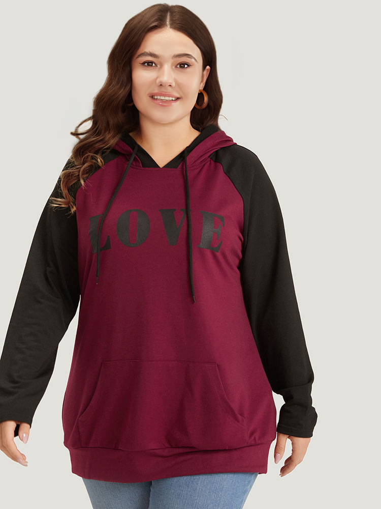 Plus Size Women Dailywear Letter Pocket Regular Raglan sleeve Long Sleeve Hooded Pocket Casual Sweatshirts BloomChic 