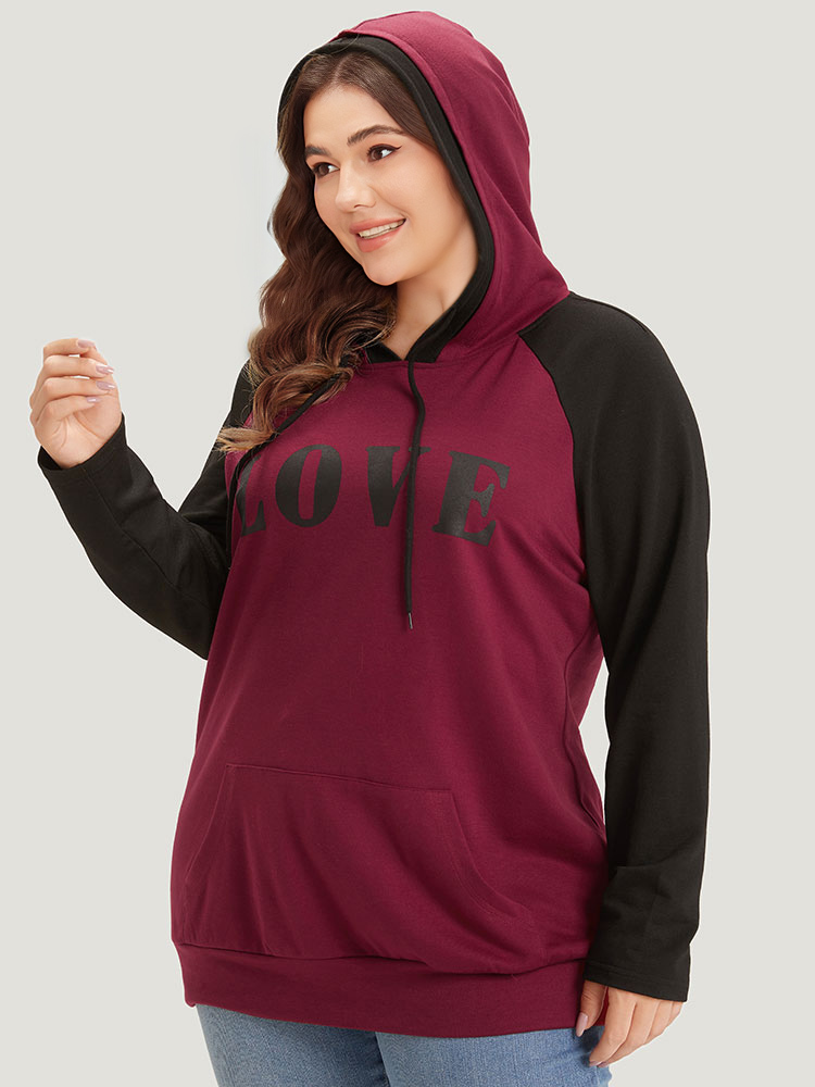 Plus Size Women Dailywear Letter Pocket Regular Raglan sleeve Long Sleeve Hooded Pocket Casual Sweatshirts BloomChic 