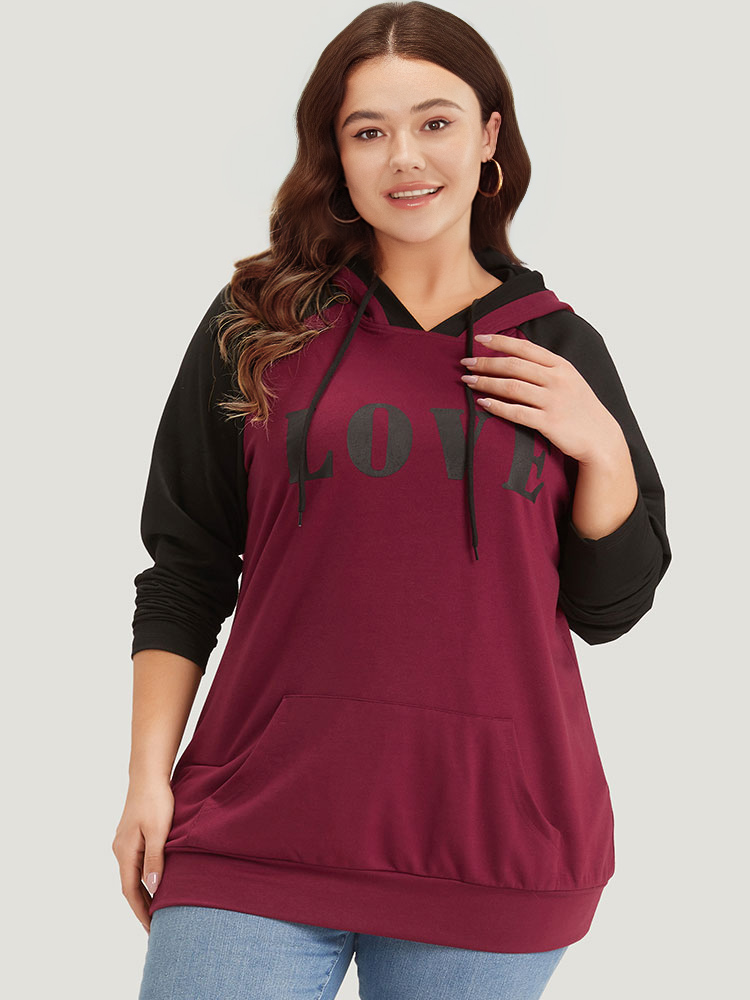 Plus Size Women Dailywear Letter Pocket Regular Raglan sleeve Long Sleeve Hooded Pocket Casual Sweatshirts BloomChic 