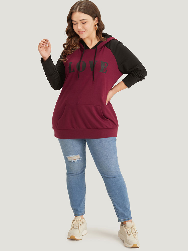 Plus Size Women Dailywear Letter Pocket Regular Raglan sleeve Long Sleeve Hooded Pocket Casual Sweatshirts BloomChic 