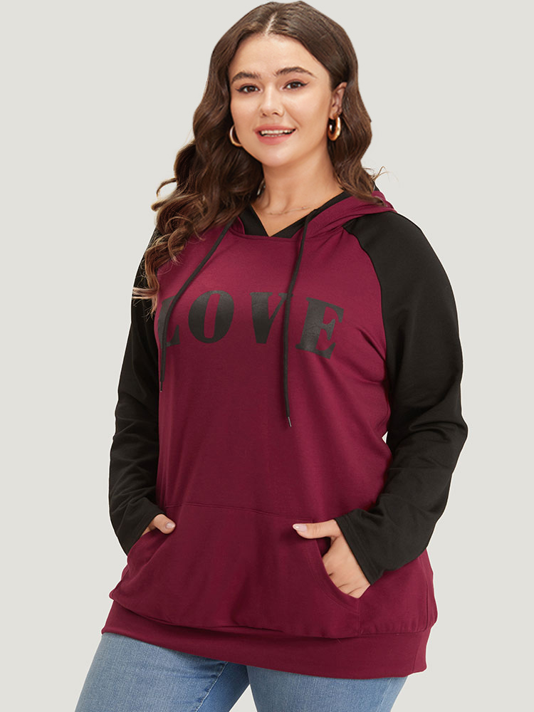 Plus Size Women Dailywear Letter Pocket Regular Raglan sleeve Long Sleeve Hooded Pocket Casual Sweatshirts BloomChic 