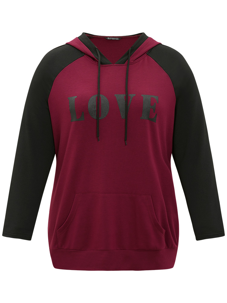 Plus Size Women Dailywear Letter Pocket Regular Raglan sleeve Long Sleeve Hooded Pocket Casual Sweatshirts BloomChic 