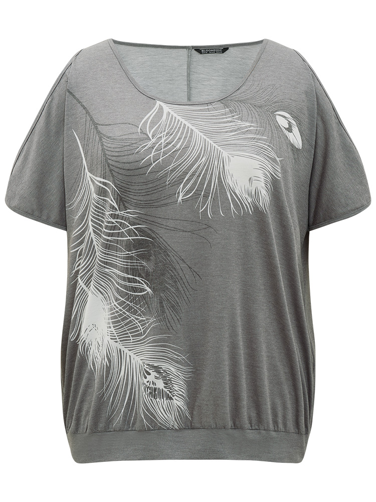 

Plus Size Feather Print Cold Shoulder Crew Neck T-shirt Gray Women Elegant Printed Feather Round Neck Dailywear T-shirts BloomChic