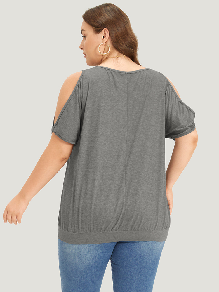 

Plus Size Feather Print Cold Shoulder Crew Neck T-shirt Gray Women Elegant Printed Feather Round Neck Dailywear T-shirts BloomChic