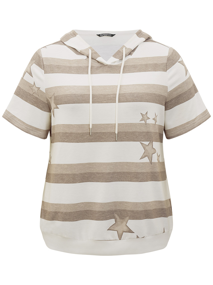 Plus Size Women Dailywear Moon and Star Printed Regular Regular Sleeve Short sleeve Hooded Casual Sweatshirts BloomChic 