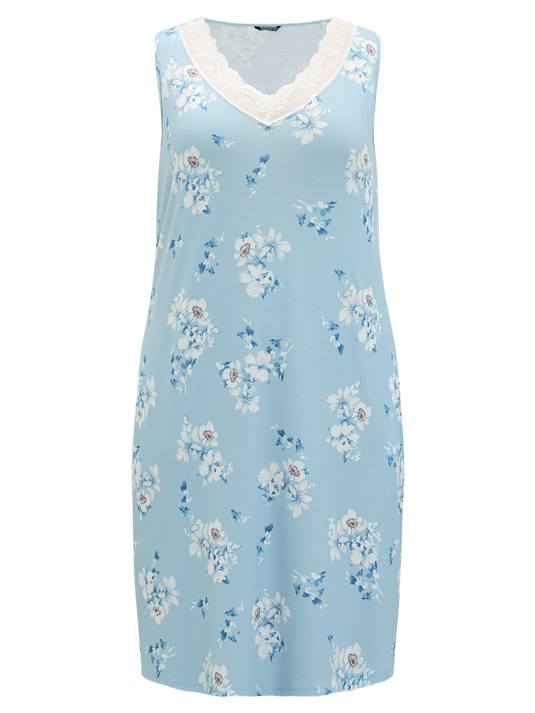 Floral Print Pocket Guipure Lace Sleep Tank Dress BloomChic 