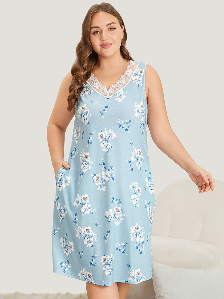 Floral Print Pocket Guipure Lace Sleep Tank Dress BloomChic 