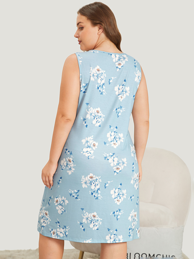 Floral Print Pocket Guipure Lace Sleep Tank Dress BloomChic 