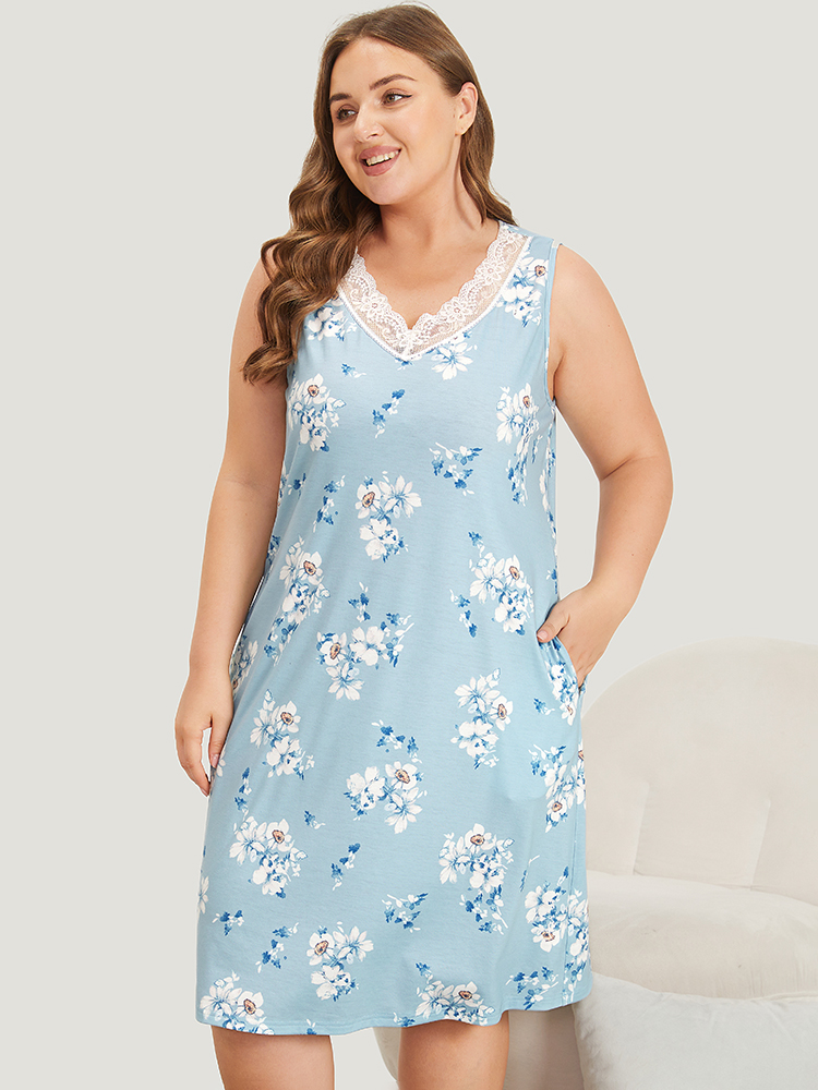 Floral Print Pocket Guipure Lace Sleep Tank Dress BloomChic 