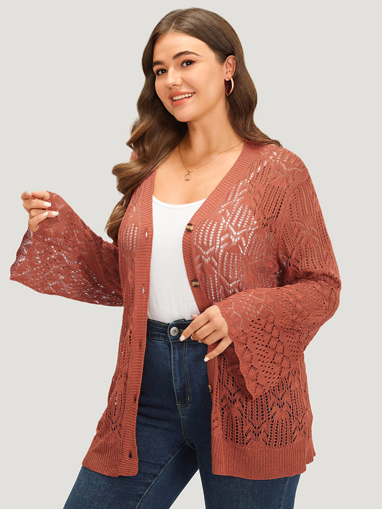 

Plus Size Hollow Out Button Down Bell Sleeve Cardigan Rust Women Casual Loose Long Sleeve Everyday Cardigans BloomChic