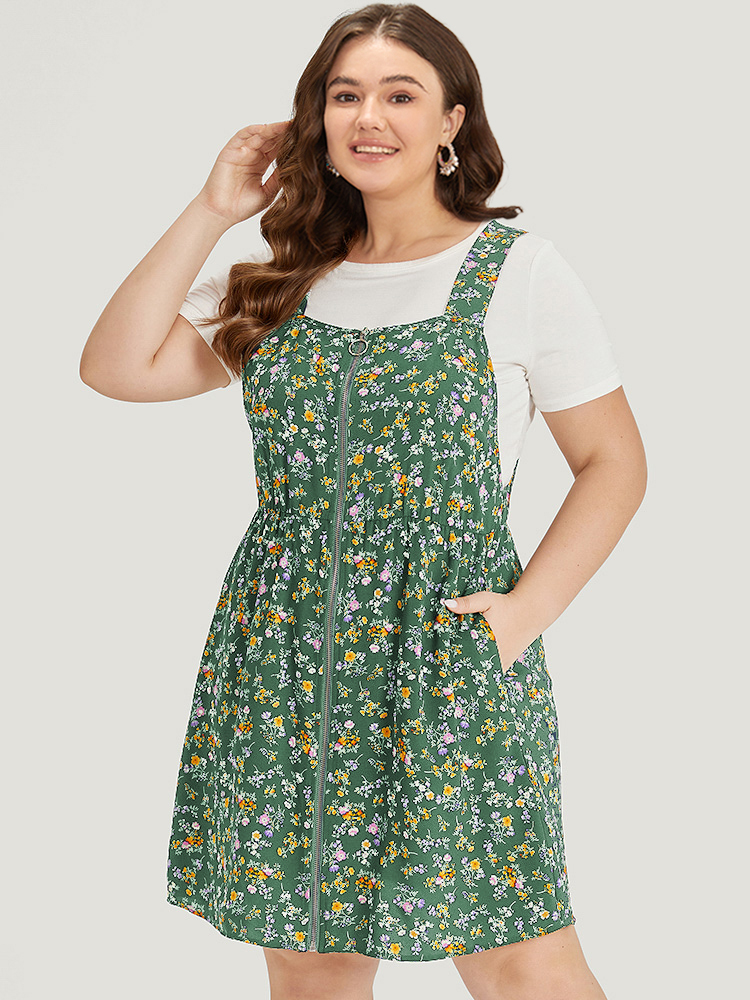 

Plus Size Ditsy Floral Pocket Zipper Overall Cami Dress Green Women Zipper Spaghetti Strap Sleeveless Curvy Knee Dress BloomChic