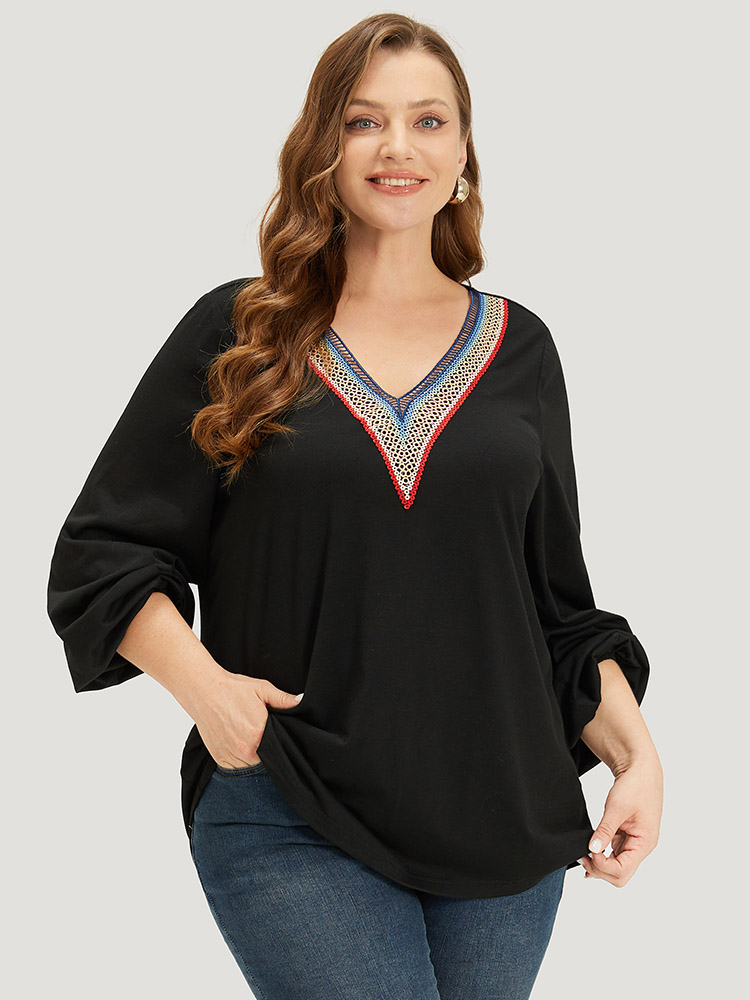 

Plus Size Contrast Webbing V Neck Elastic cuffs T-shirt Black V-neck Long Sleeve Elegant Jersey Tops