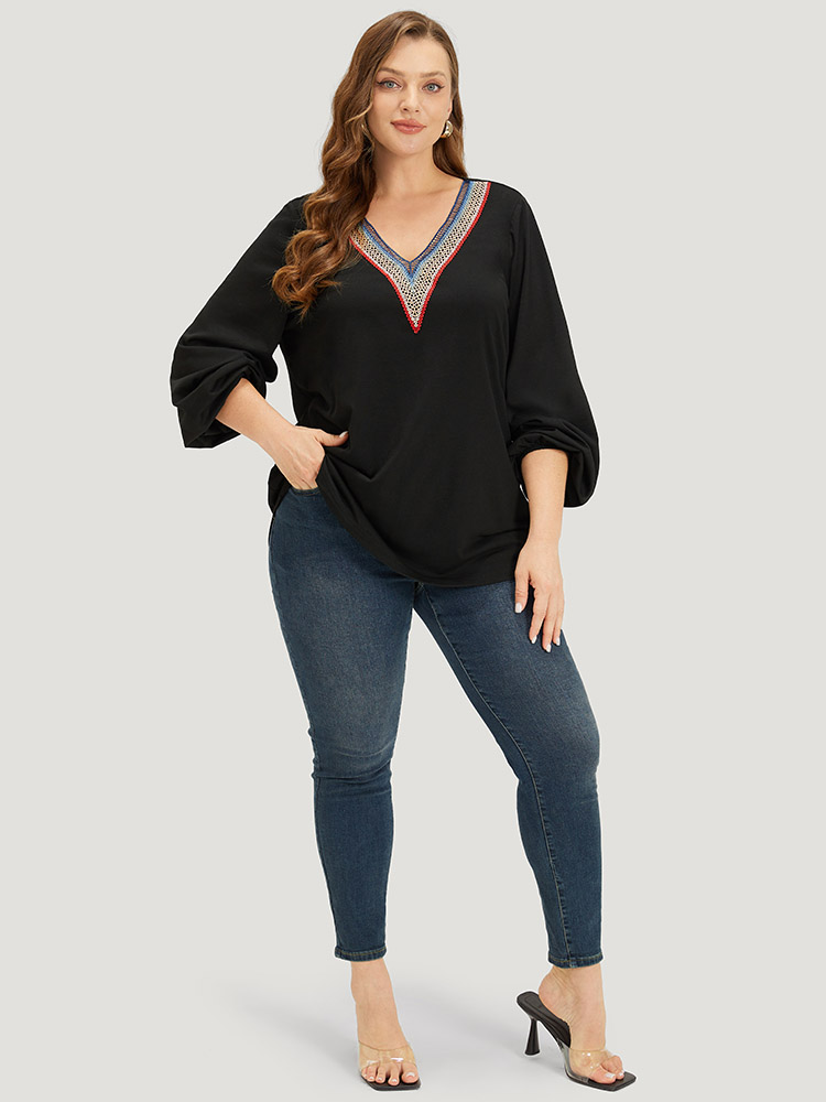 

Plus Size Contrast Webbing V Neck Elastic cuffs T-shirt Black V-neck Long Sleeve Elegant Jersey Tops