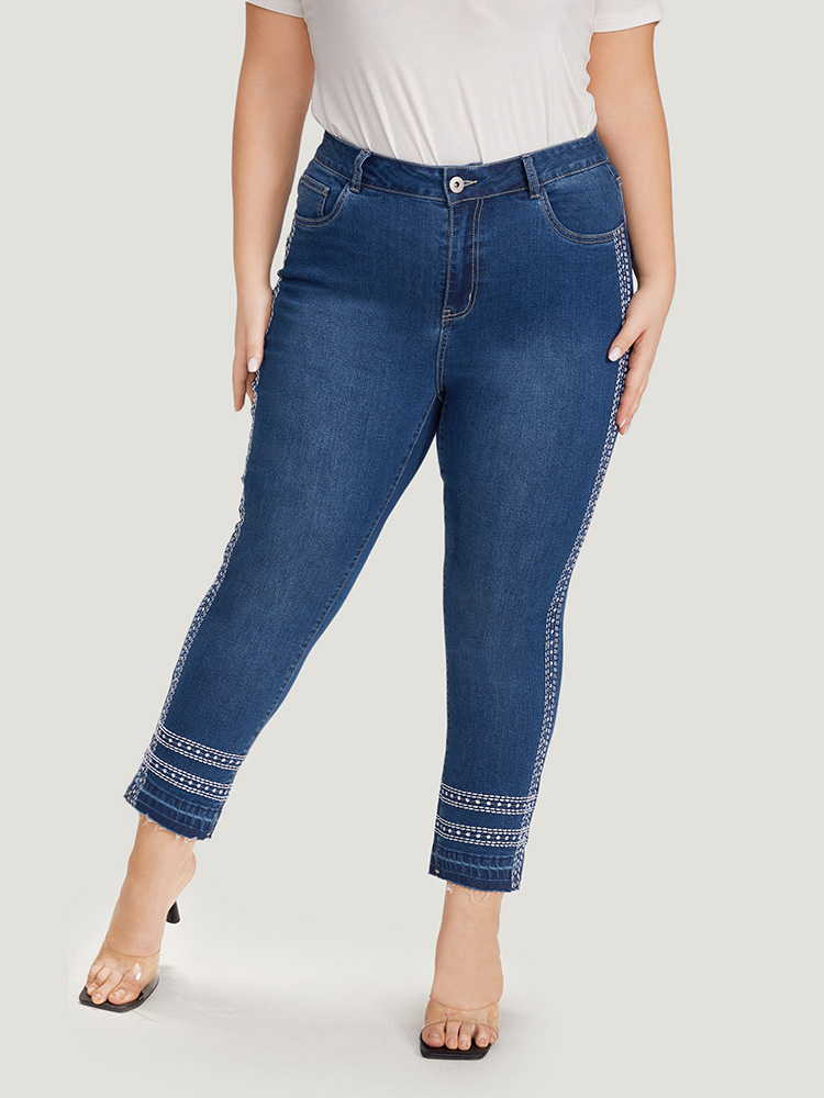 Plus Size Women Dailywear Embroidered High stretch Skinny Medium Wash Casual Jeans BloomChic 