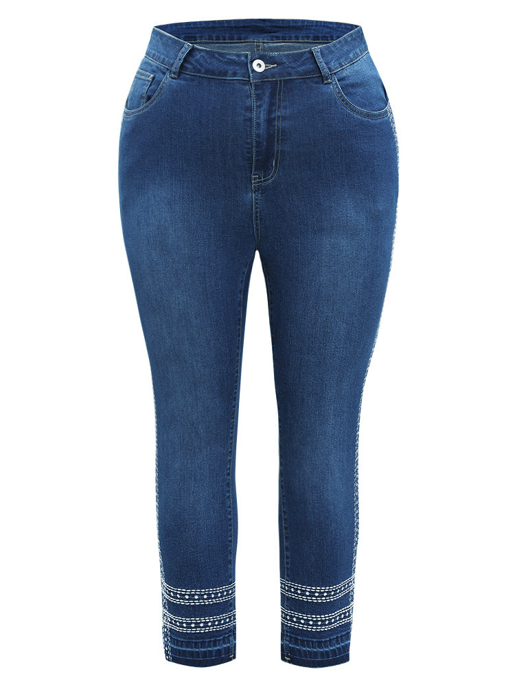 Plus Size Women Dailywear Embroidered High stretch Skinny Medium Wash Casual Jeans BloomChic 