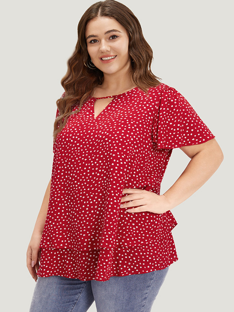 

Plus Size Scarlet Polka Dot Keyhole Flutter Sleeve Layered Hem Blouse Women Elegant Short sleeve Keyhole Cut-Out Dailywear Blouses BloomChic