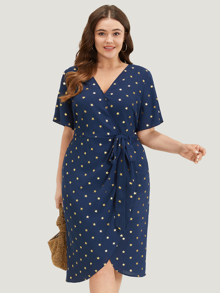 Plus Size Women Going out Star and moon Wrap Ruffle Sleeve Sleeveless Overlap Collar Pocket Party Dresses BloomChic 